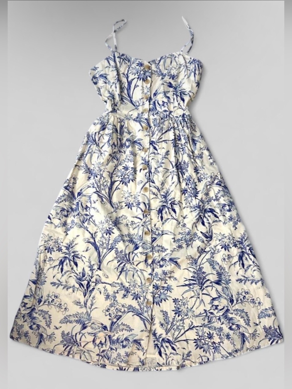 NEW XS/Small H&M Toile Midi Dress Linen Blend Spaghetti Straps Blue Floral NWT